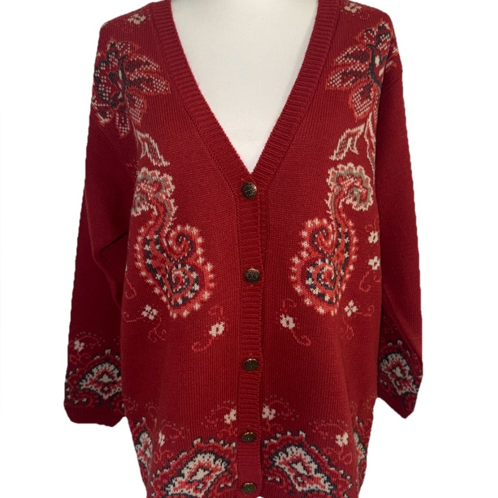 Alfred Dunner Burgundy‎ Paisley Cardigan L USA Button Front Acrylic Sweater